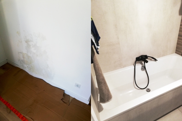 po lewej - mokra ściana od strony pokoju, po prawej - źle wykonany remont łazienki